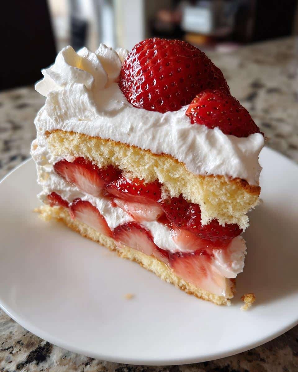 Disgustingly Easy 7-Step Strawberry Shortcake Recipe 6 A delicious slice of strawberry shortcake with layers of strawberries, whipped cream, and cake.