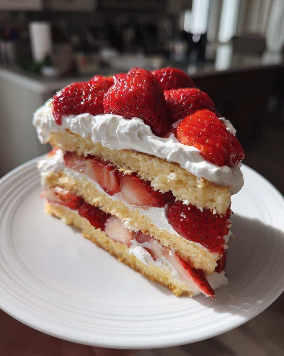 Disgustingly Easy 7-Step Strawberry Shortcake Recipe 9 A delicious slice of strawberry shortcake with layers of strawberries, whipped cream, and cake.