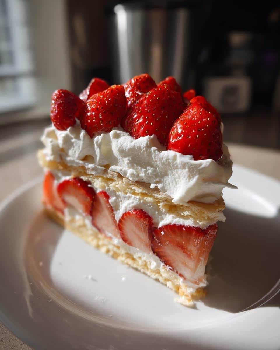 Disgustingly Easy 7-Step Strawberry Shortcake Recipe 7 A delicious slice of strawberry shortcake with layers of strawberries and whipped cream.