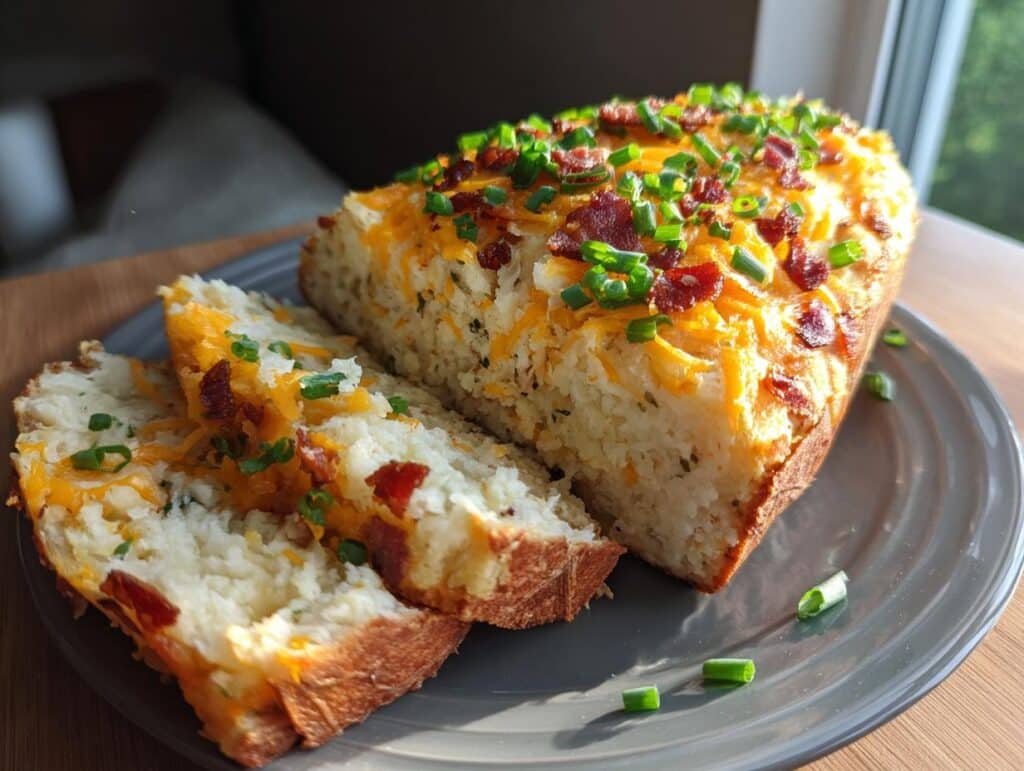 Slices of stuffed potato loaf topped with cheese, bacon, and chives on a gray plate. A tasty stuffed potato loaf recipe.