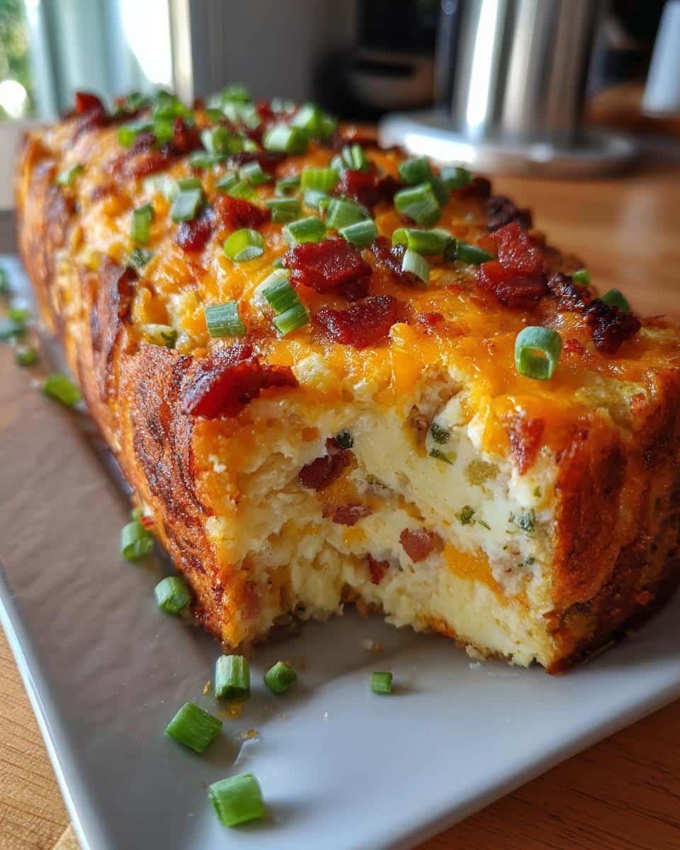 Disgustingly Delicious Stuffed Potato Loaf in 30 Minutes 7 Close-up of a Stuffed Potato Loaf with a slice missing, showing bacon, cheese, and green onions.