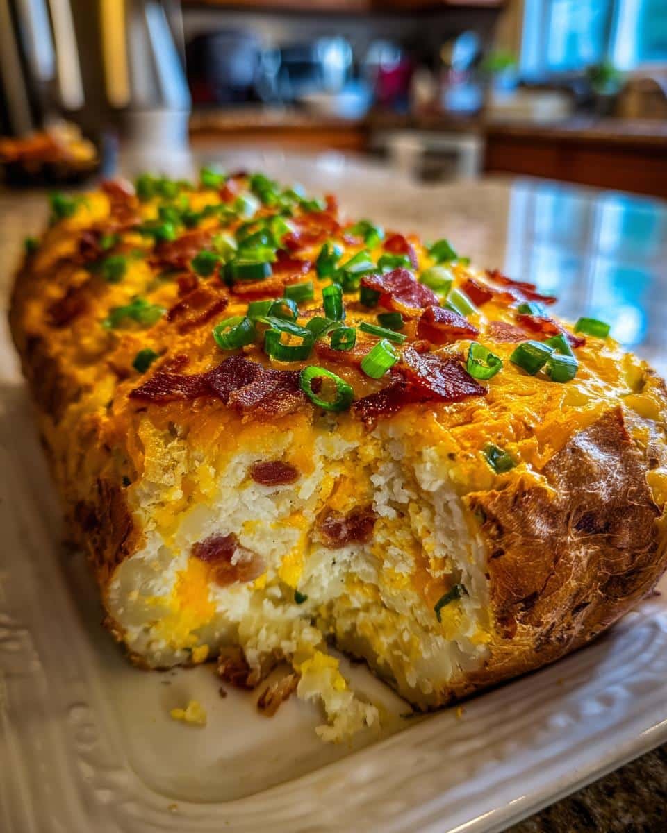 Disgustingly Delicious Stuffed Potato Loaf in 30 Minutes 8 Close-up of a Stuffed Potato Loaf topped with bacon and green onions, showing the potato filling inside.