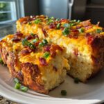 Close-up of a slice of Stuffed Potato Loaf, topped with cheese, bacon, and green onions.