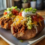 Two taco stuffed sweet potatoes topped with taco meat, cheese, guacamole, sour cream, and tomatoes.