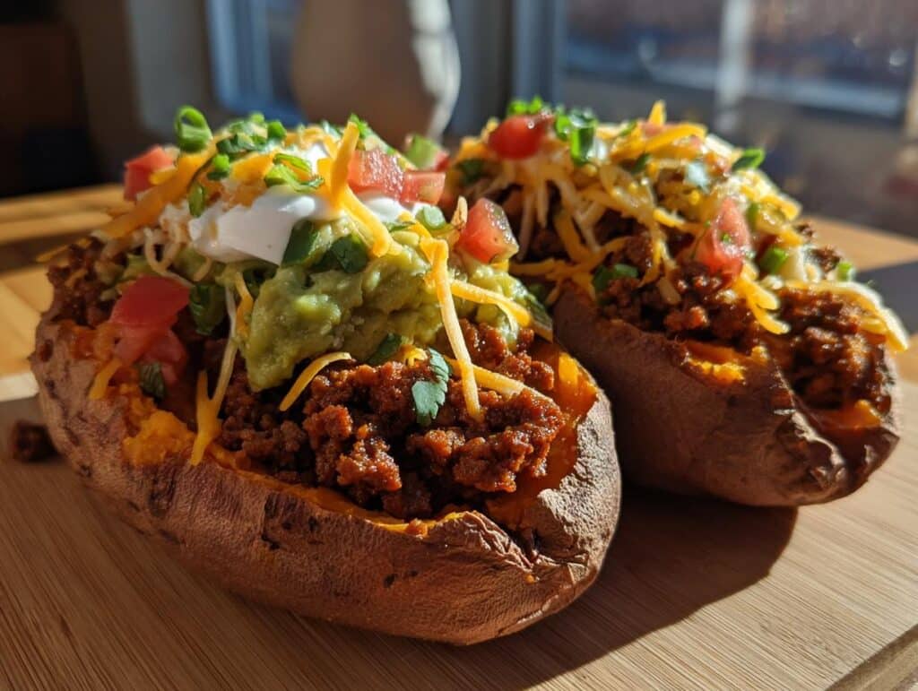 Two taco stuffed sweet potatoes topped with taco meat, guacamole, sour cream, cheese, tomatoes, and green onions.