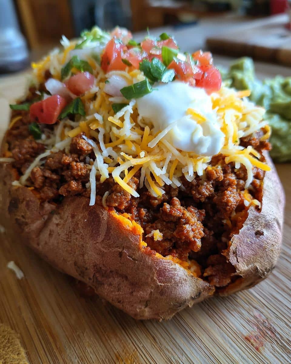 Unbelievably Delicious TACO STUFFED SWEET POTATOES in 1 Hour 6 Close-up of a taco stuffed sweet potato with ground beef, cheese, sour cream, and pico de gallo.