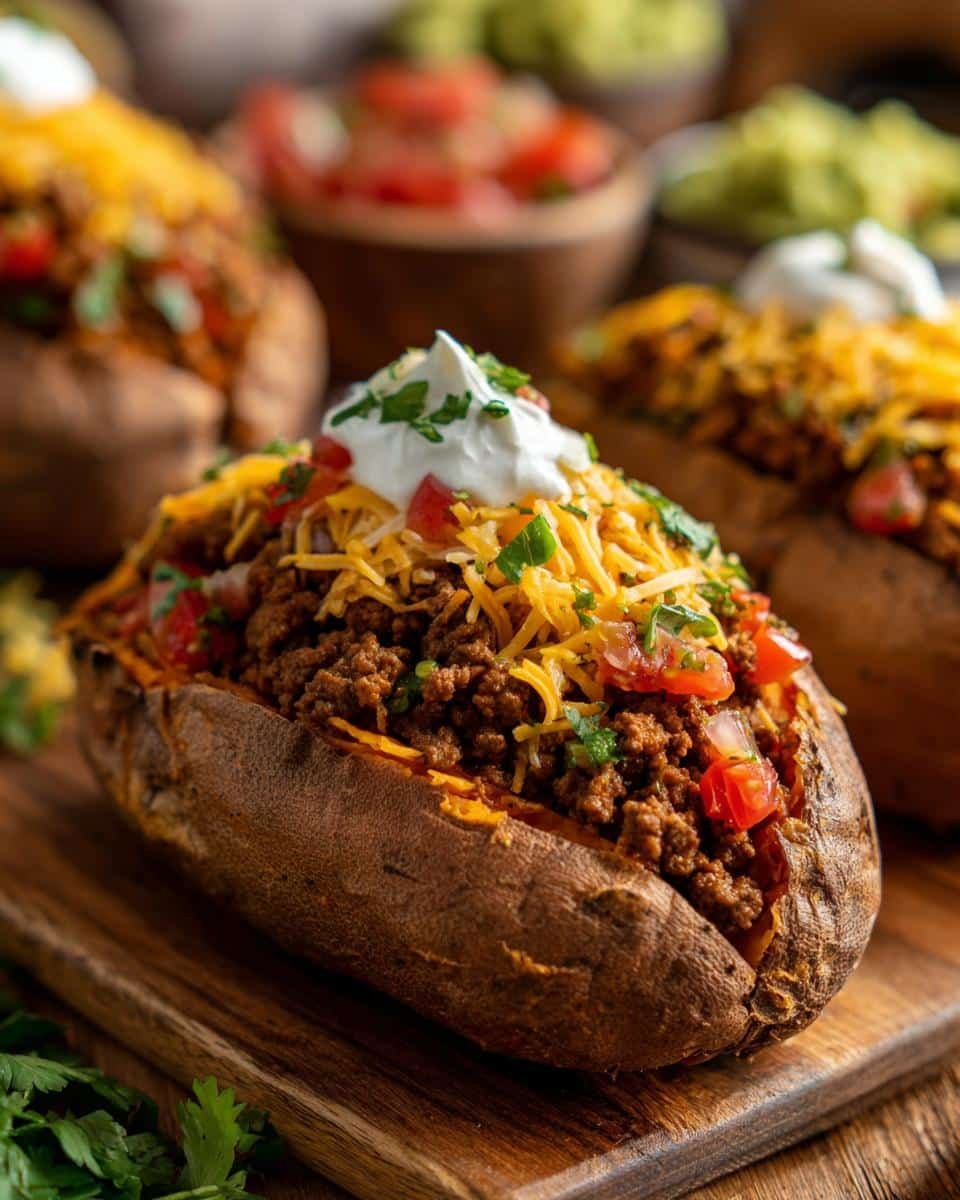 Unbelievably Delicious TACO STUFFED SWEET POTATOES in 1 Hour 8 Close-up of taco stuffed sweet potatoes topped with ground beef, cheese, tomatoes, sour cream, and cilantro.