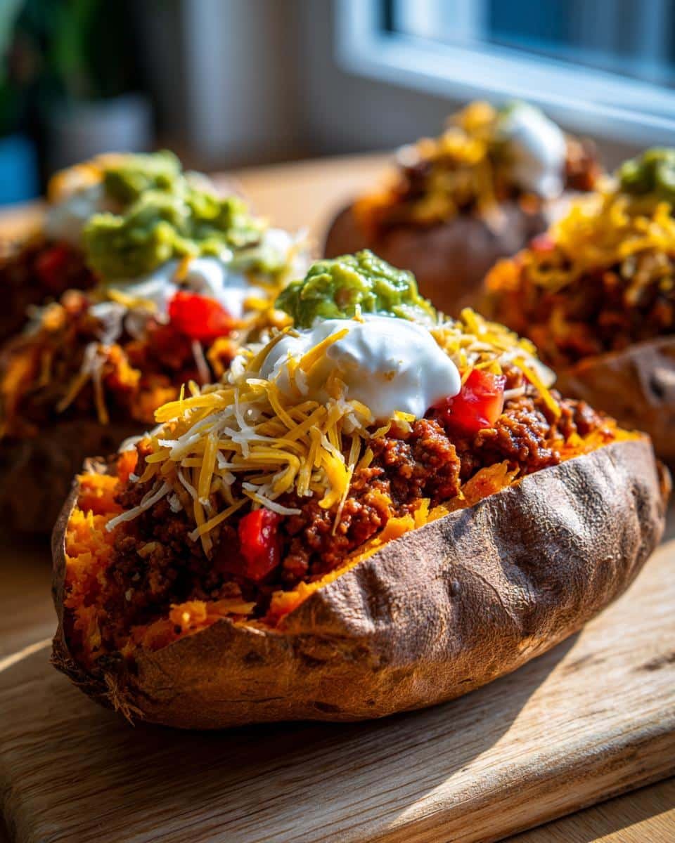 Unbelievably Delicious TACO STUFFED SWEET POTATOES in 1 Hour 9 Close-up of TACO STUFFED SWEET POTATOES topped with cheese, sour cream, guacamole, and taco filling.