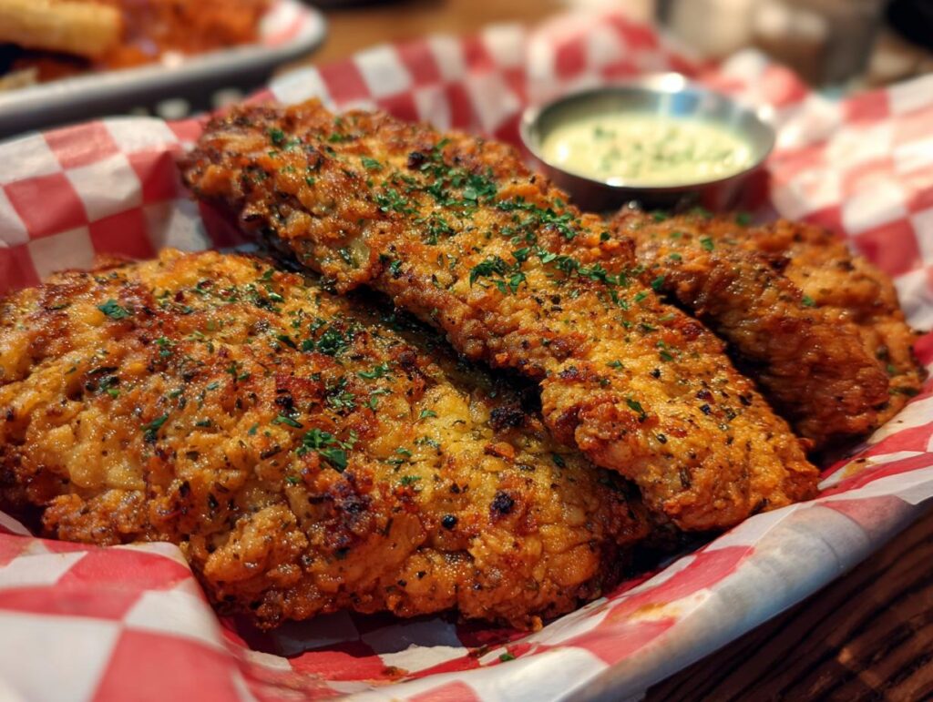 Close-up of Texas Roadhouse Herb Crusted Chicken served with a creamy dipping sauce on a red and white checkered liner.