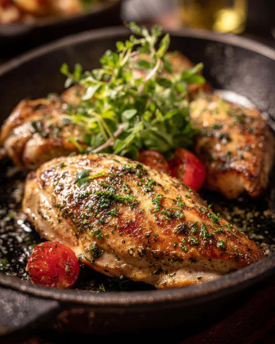 Texas Roadhouse Herb Crusted Chicken: 35-Minute Dinner 6 Close-up of Texas Roadhouse Herb Crusted Chicken with fresh herbs and tomatoes in a skillet.