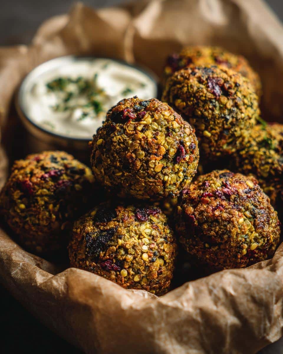 Easy Vegetarian Lentil Meatballs: 3-Step Recipe Triumph 6 Close-up of Easy Vegetarian Lentil Meatballs served with a creamy dip in a rustic setting.