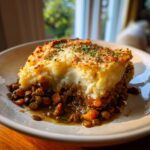 A slice of vegetarian lentil shepherds pie with lentils, vegetables, and mashed potato topping, garnished with herbs.