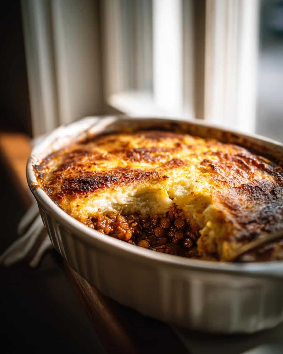 Amazing Vegetarian Lentil Shepherds Pie Recipe in 1 Hour 6 A freshly baked vegetarian lentil shepherds pie in a white baking dish, showing the lentil filling and mashed potato topping.