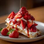 Waffles topped with whipped cream and fresh strawberry recipes topping, drizzled with syrup on a white plate.