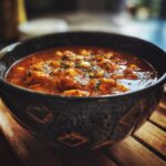 Close-up of a bowl of delicious white chicken chili with chicken, beans, and herbs.
