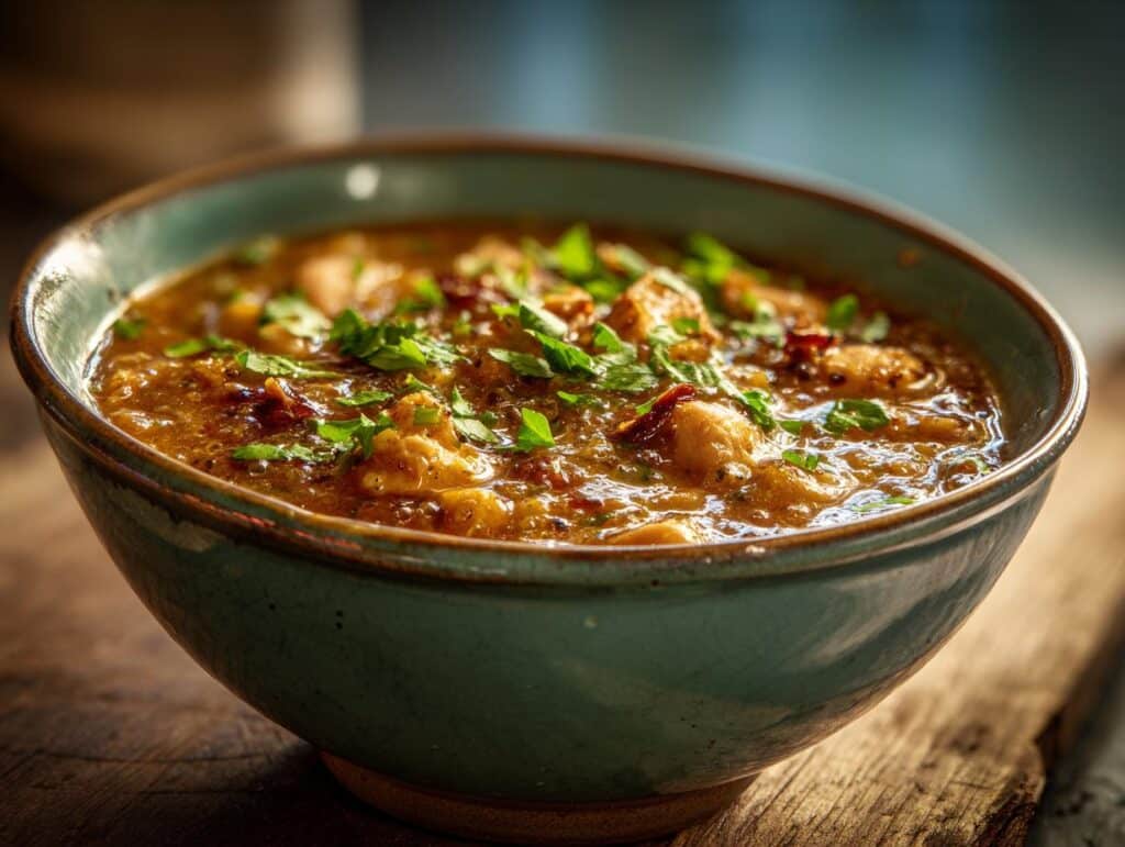 A bowl of hearty white chicken chili, garnished with fresh parsley and red pepper flakes.