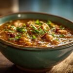 A bowl of hearty white chicken chili, garnished with fresh parsley and red pepper flakes.