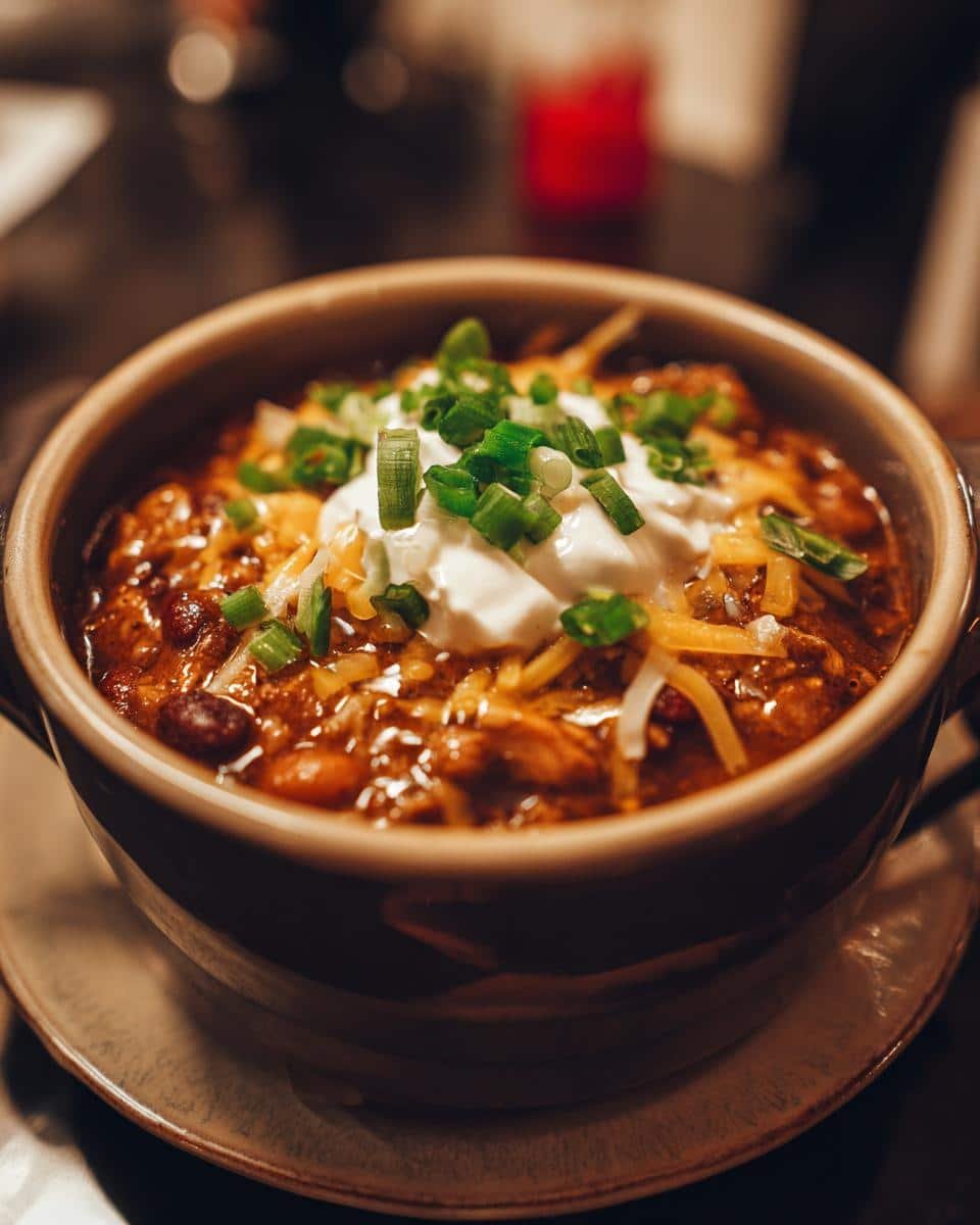Irresistible White Chicken Chili Recipe in Under 1 Hour 6 A bowl of hearty white chicken chili topped with sour cream, shredded cheese, and chopped green onions.