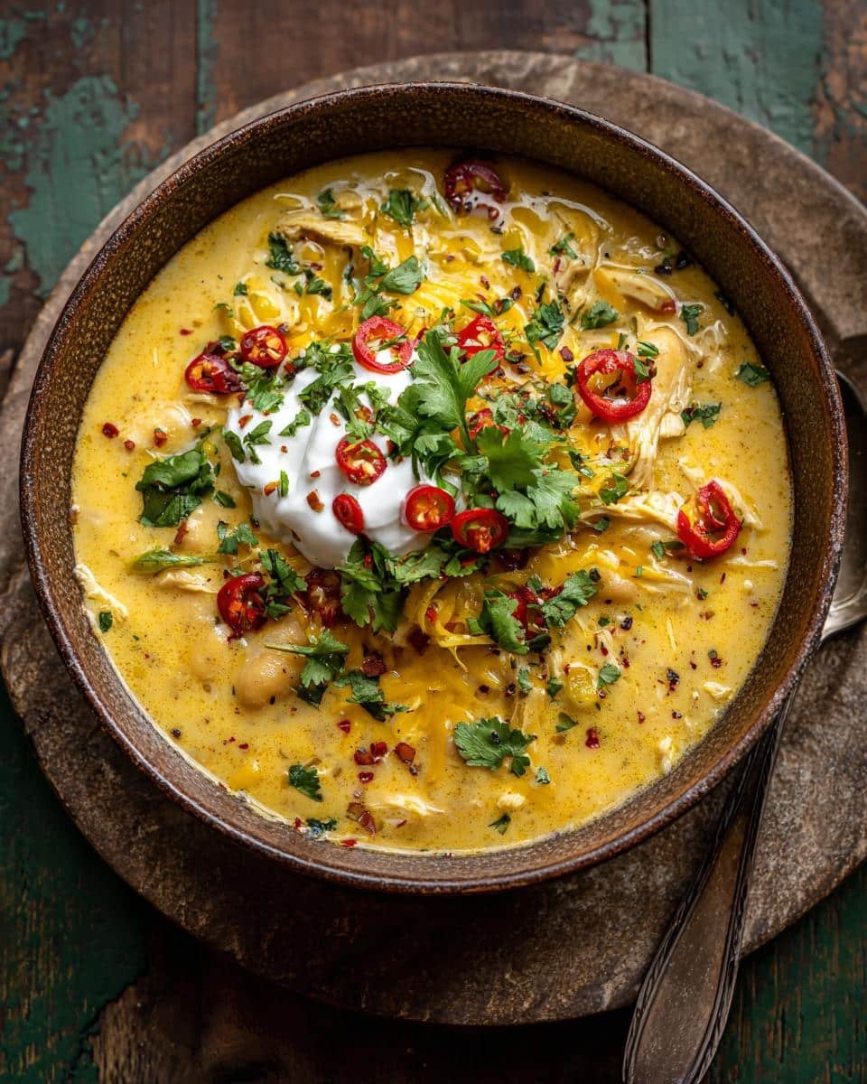 Irresistible White Chicken Chili Recipe in Under 1 Hour 9 Overhead shot of a bowl of white chicken chili, topped with sour cream, cilantro, cheese and sliced red peppers.
