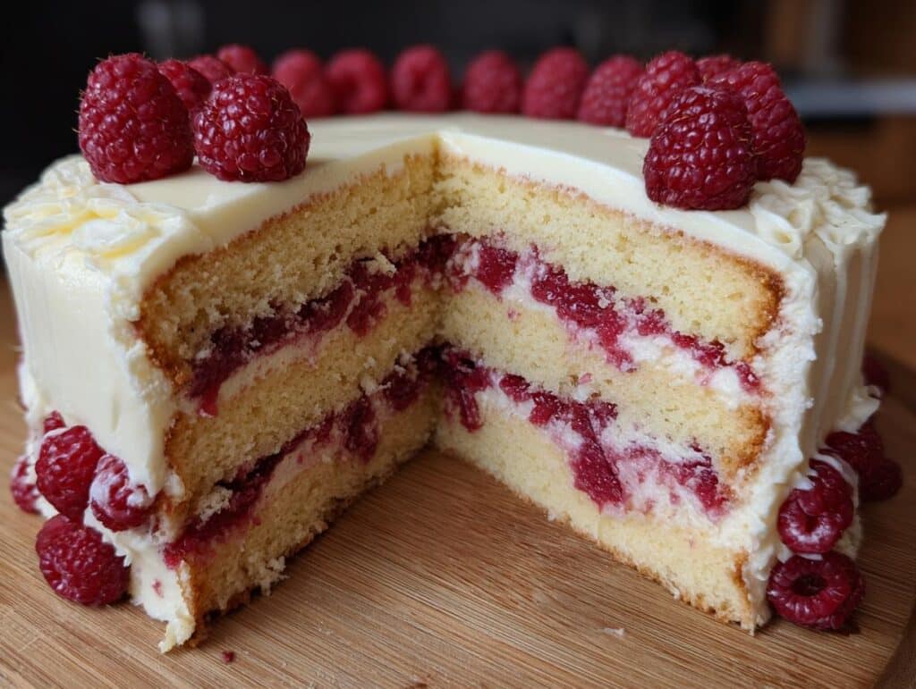 A delicious White Chocolate Raspberry Cake with a slice removed, showing layers of cake, raspberries, and white chocolate frosting.