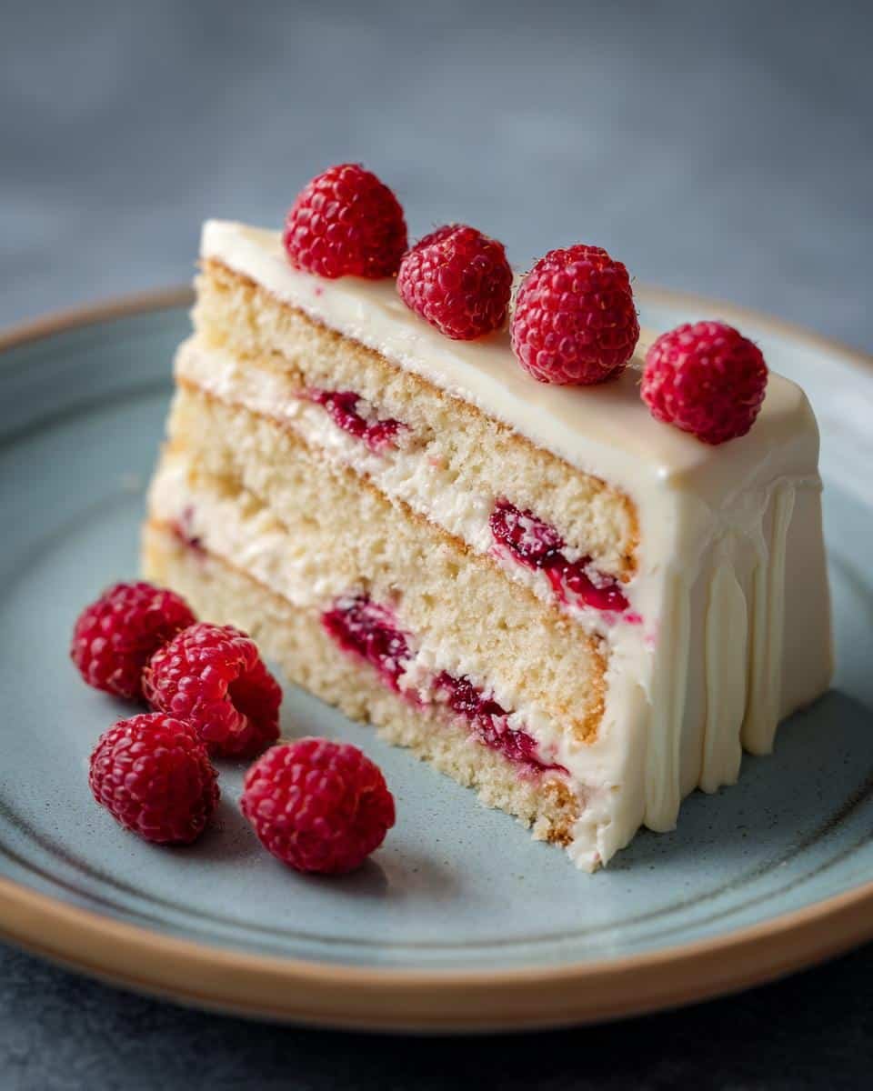 Unbelievable White Chocolate Raspberry Cake Recipe 6 A delicious slice of White Chocolate Raspberry Cake with layers of cake, cream, and fresh raspberries.