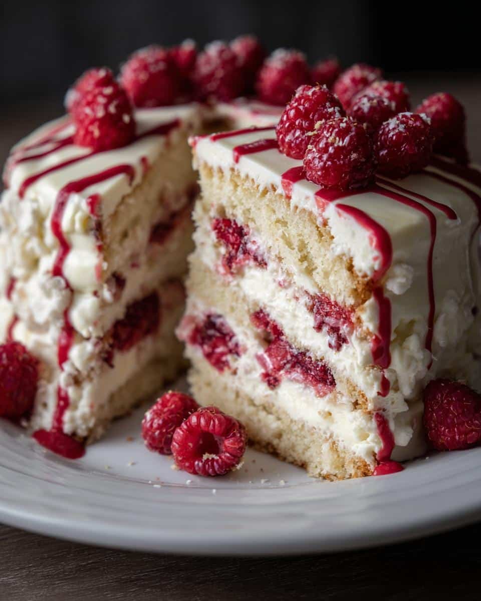 Unbelievable White Chocolate Raspberry Cake Recipe 7 A delicious White Chocolate Raspberry Cake with a slice cut out, revealing layers of cake, cream, and raspberries.
