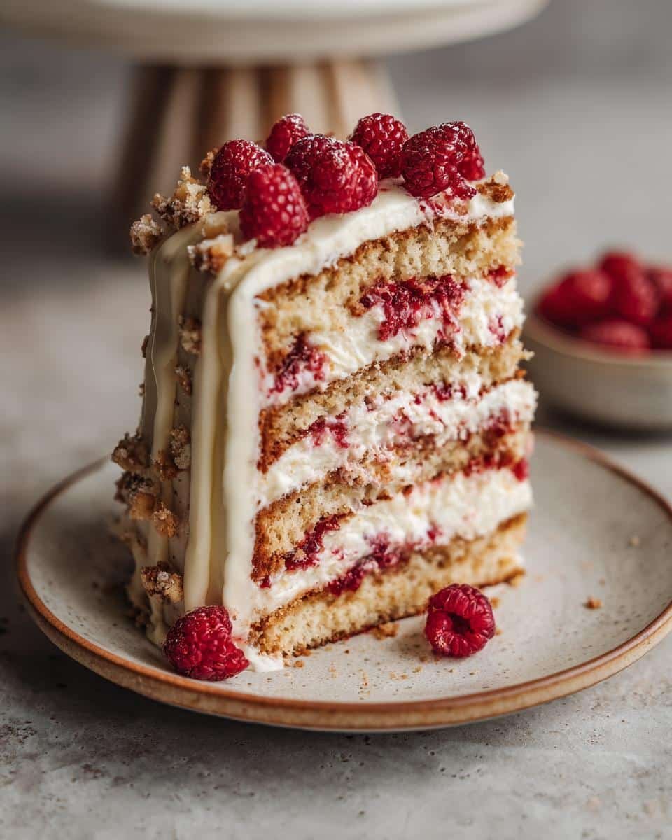 Unbelievable White Chocolate Raspberry Cake Recipe 8 A delicious slice of White Chocolate Raspberry Cake with layers of cream and fresh raspberries.