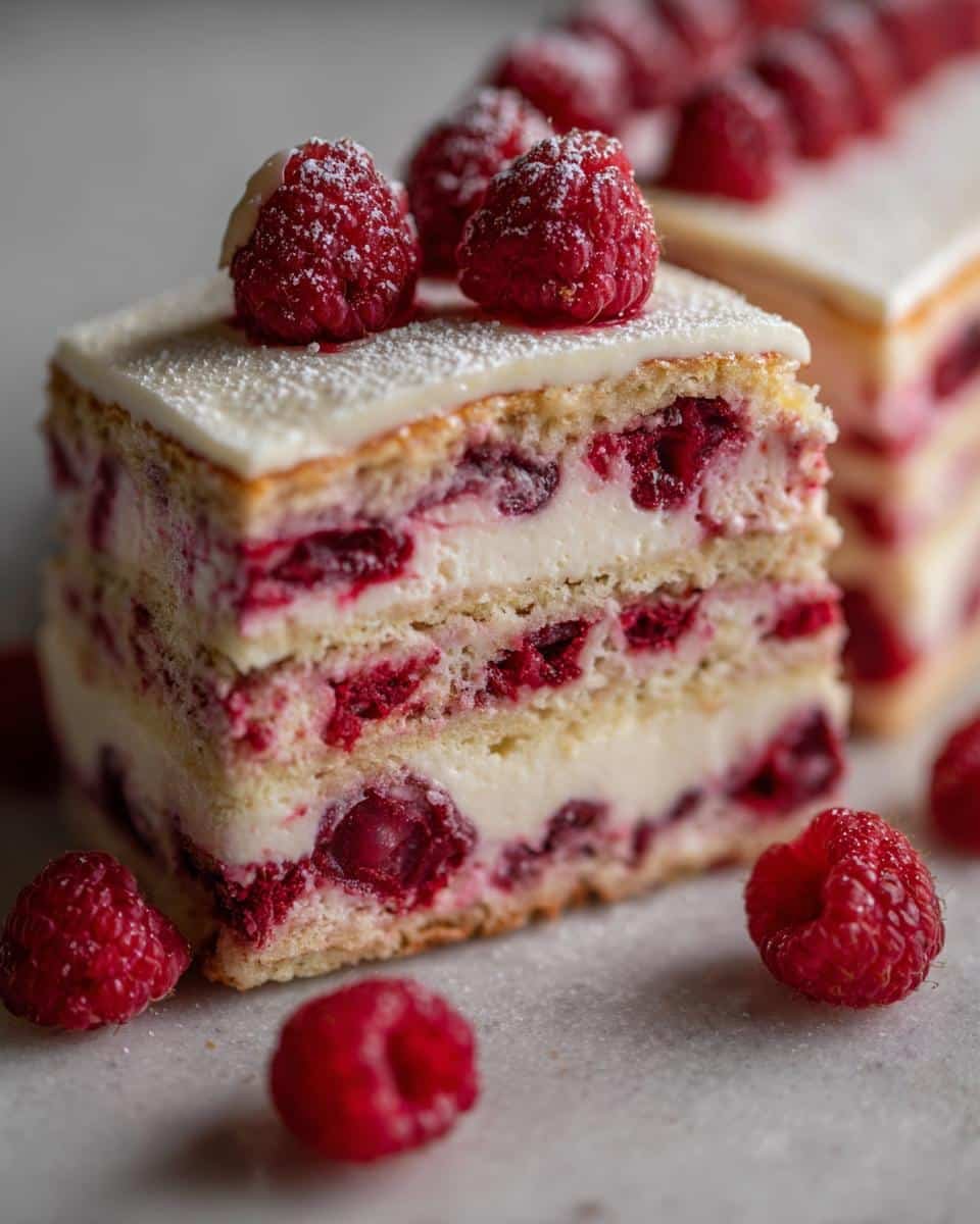Unbelievable White Chocolate Raspberry Cake Recipe 9 A delicious slice of White Chocolate Raspberry Cake with layers of raspberries and white chocolate frosting.
