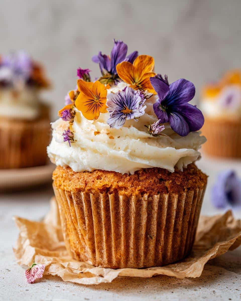Bake 12 Stunning Wildflower Cupcakes, a Joy to Eat 7 Close-up of a wildflower cupcake with white frosting and edible purple and orange flowers on top.