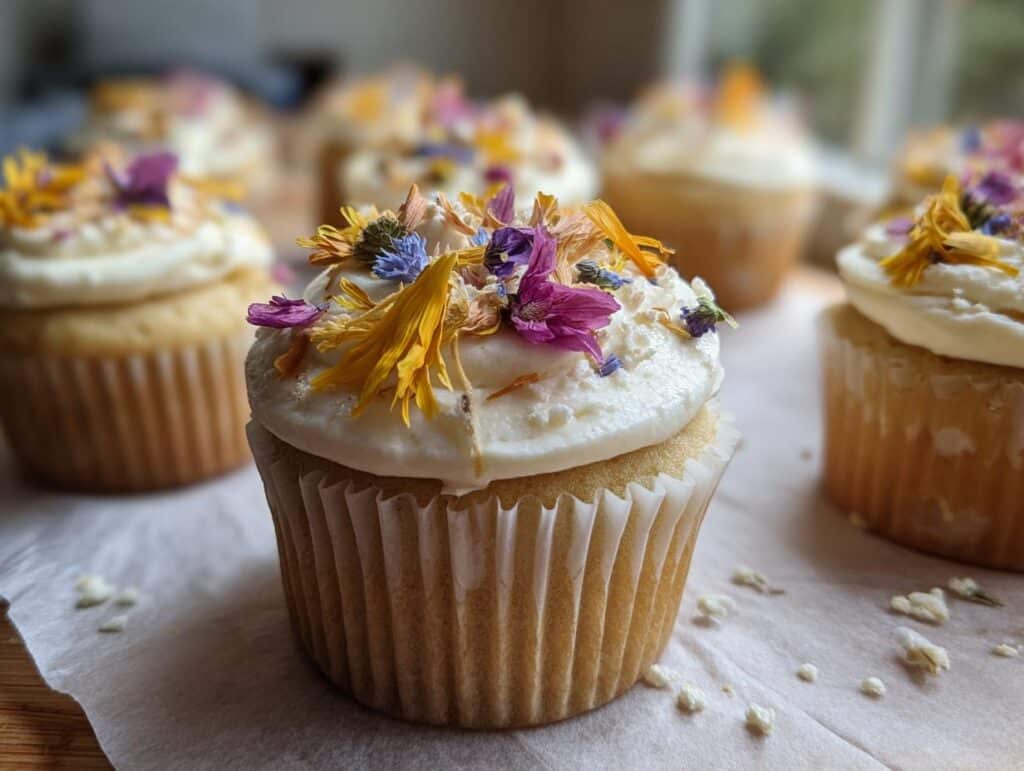Close up of wildflower cupcakes with white frosting and edible flower petals, perfect for a spring treat.