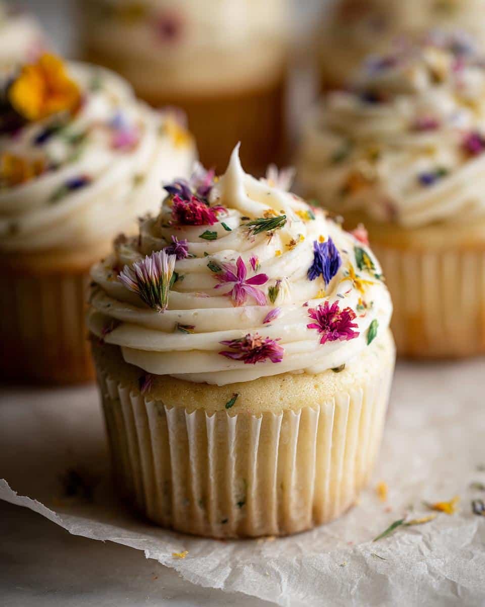 Bake 12 Stunning Wildflower Cupcakes, a Joy to Eat 8 Close-up of a wildflower cupcake with white frosting and edible wildflower decorations.