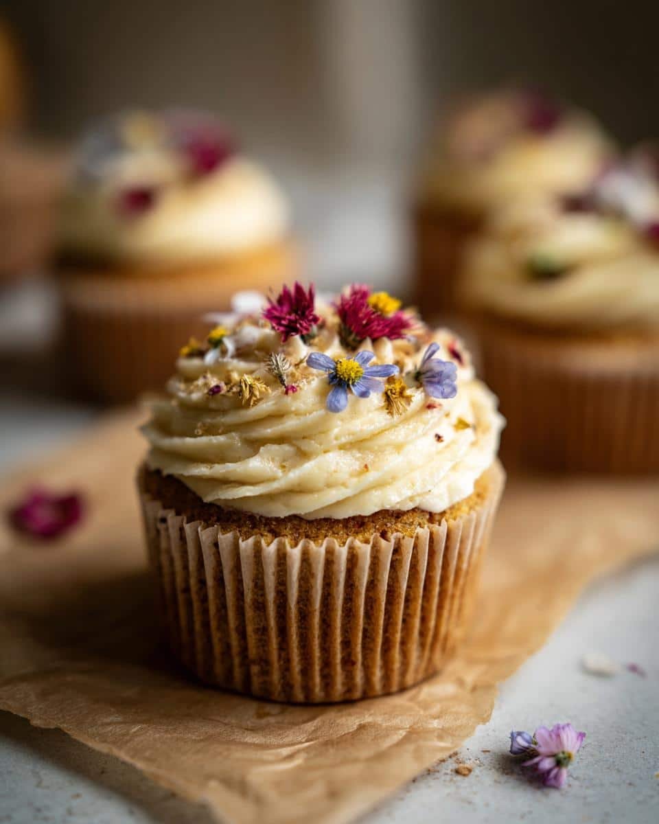 Bake 12 Stunning Wildflower Cupcakes, a Joy to Eat 9 Close-up of a wildflower cupcake with white frosting and edible flower decorations. Delicious wildflower cupcakes.