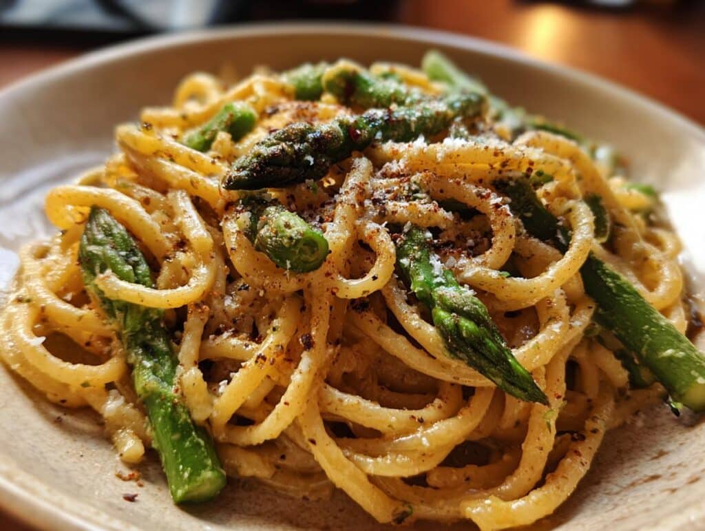 A plate of pasta with asparagus, parmesan cheese, and spices.