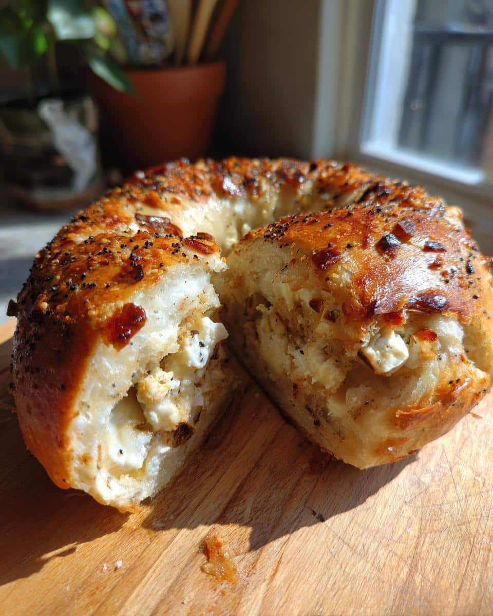 Scrumptious Blueberry Protein Breakfast Cookies in 30 7 A bagel cut in half, revealing a creamy filling. Not related to blueberry protein breakfast cookies.