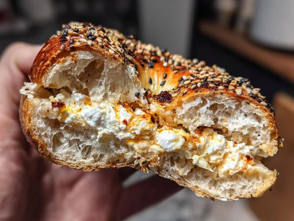 Close-up of a bagel filled with a creamy filling, possibly high protein blueberry bites, and topped with sesame seeds.