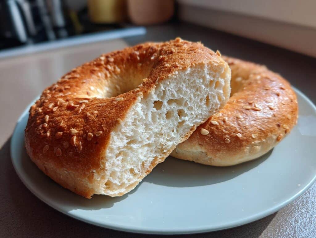 Two bagels on a plate, one cut in half to show the inside texture. These are 3-ingredient bagels recipe cottage cheese.