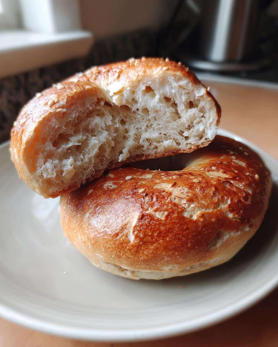 Astonishing 3-Ingredient Bagels Recipe Cottage Cheese 8 Two homemade bagels recipe cottage cheese, one sliced open to show the texture, sprinkled with sesame seeds.
