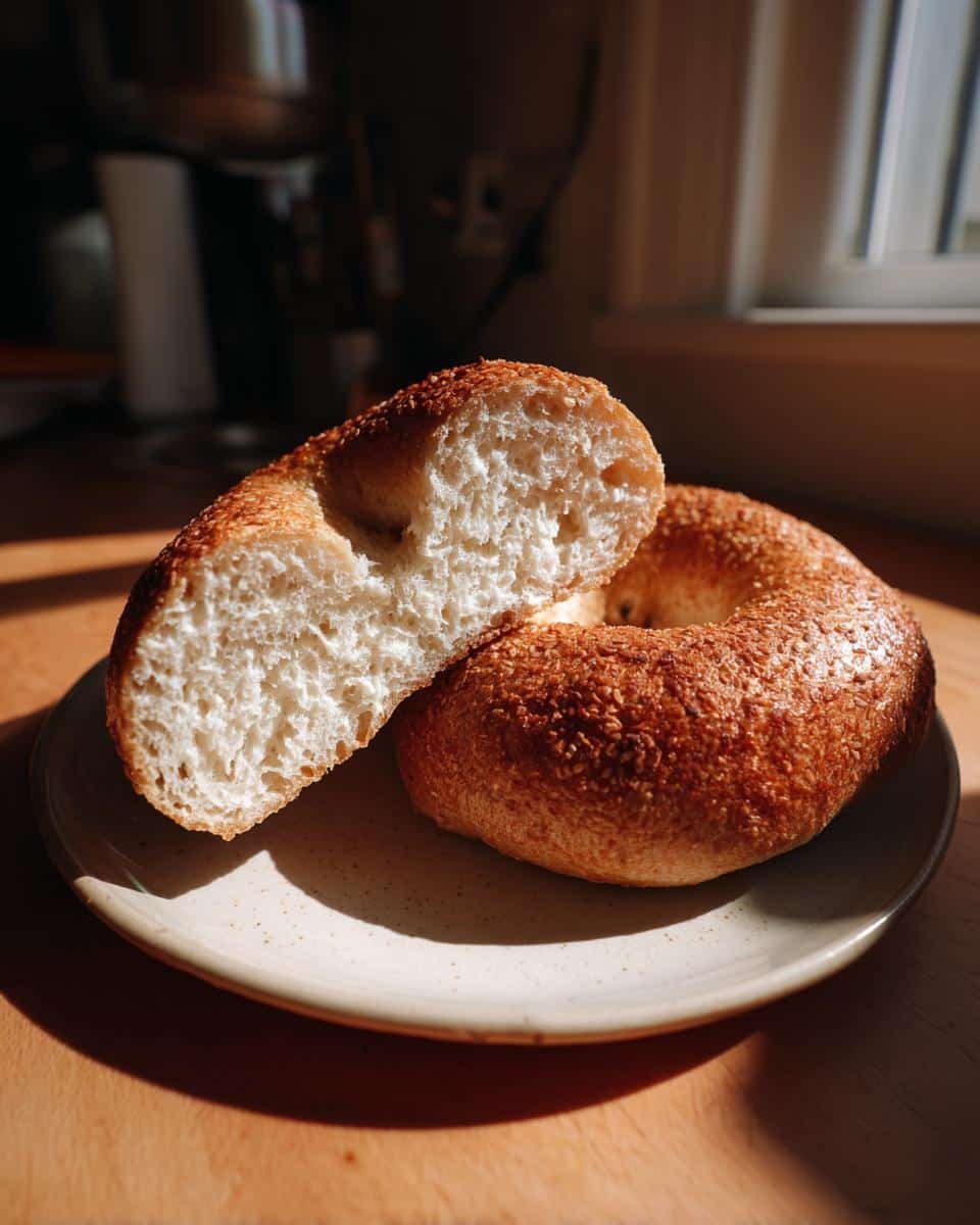 Astonishing 3-Ingredient Bagels Recipe Cottage Cheese 9 A sliced bagel from the bagels recipe cottage cheese, showing the inside texture, next to a whole bagel on a plate.