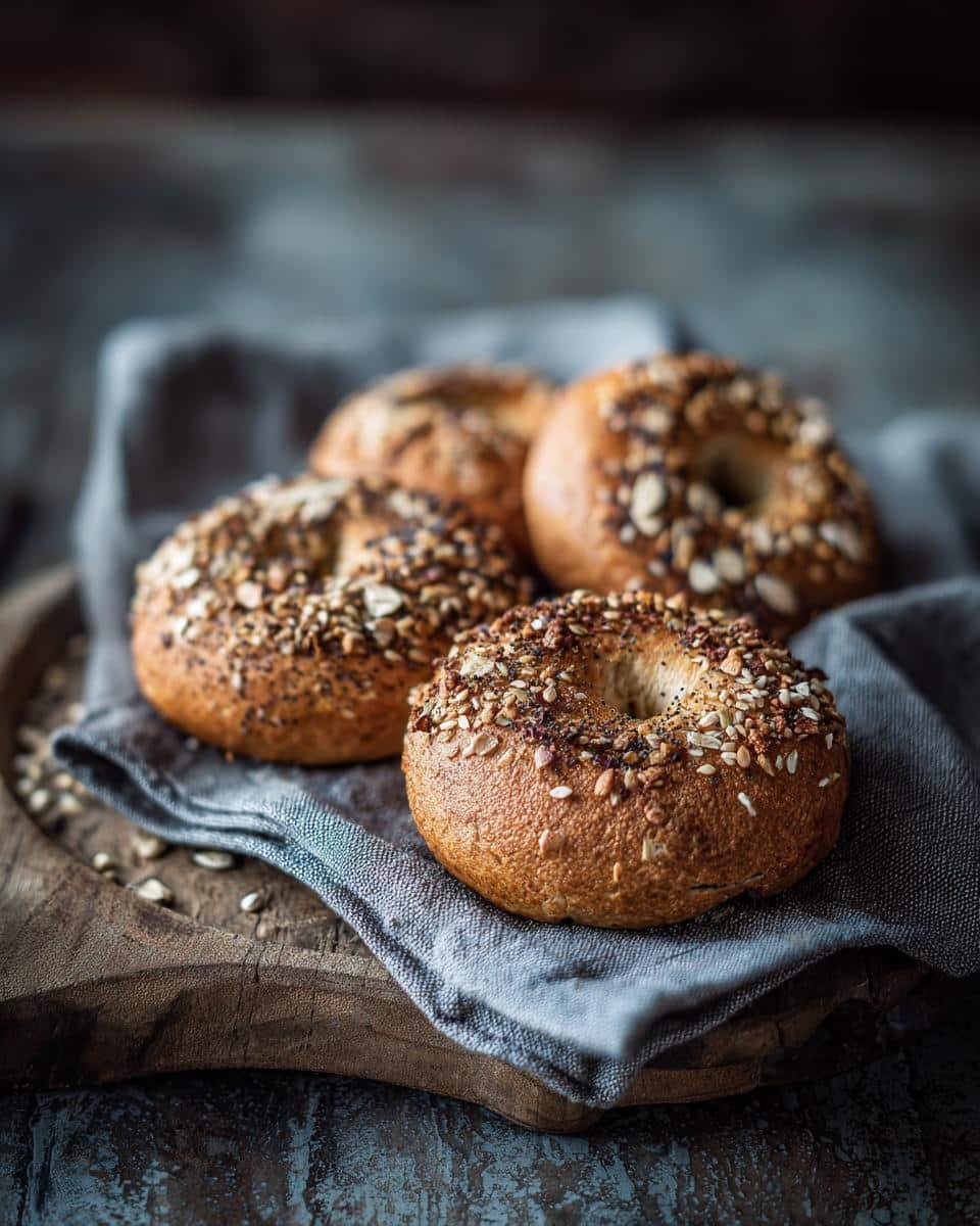 Delicious Blueberry Smoothie Protein: 5 Minute Power 6 Four bagels with seeds on a gray cloth and wooden board. Not related to blueberry smoothie protein.