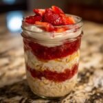 Layered blueberry high protein breakfast bake in a glass jar, topped with strawberries and yogurt.