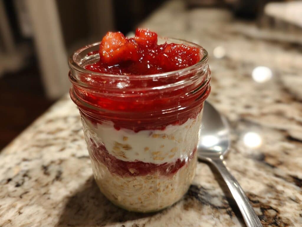 A jar of blueberry high protein breakfast bake with layers of oats, yogurt, and blueberry topping.