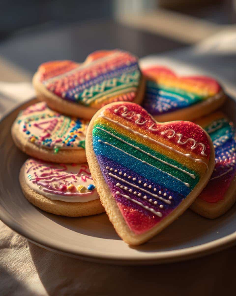 Bake Amazing Blueberry Protein Breakfast Biscuits in 20 7 A pile of heart-shaped blueberry protein breakfast biscuits decorated with colorful icing and sprinkles.