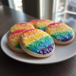 A plate of colorful rainbow-decorated blueberry protein breakfast biscuits with white icing.