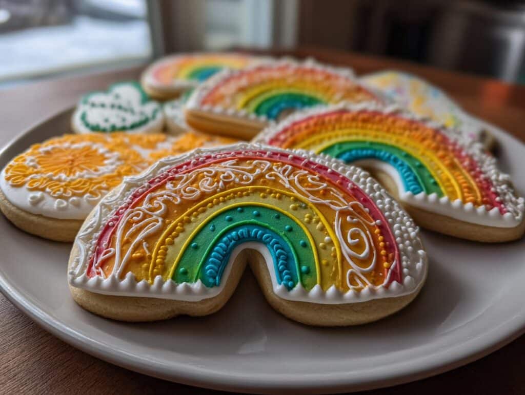 A plate of colorful rainbow-themed blueberry protein breakfast biscuits with intricate icing designs.