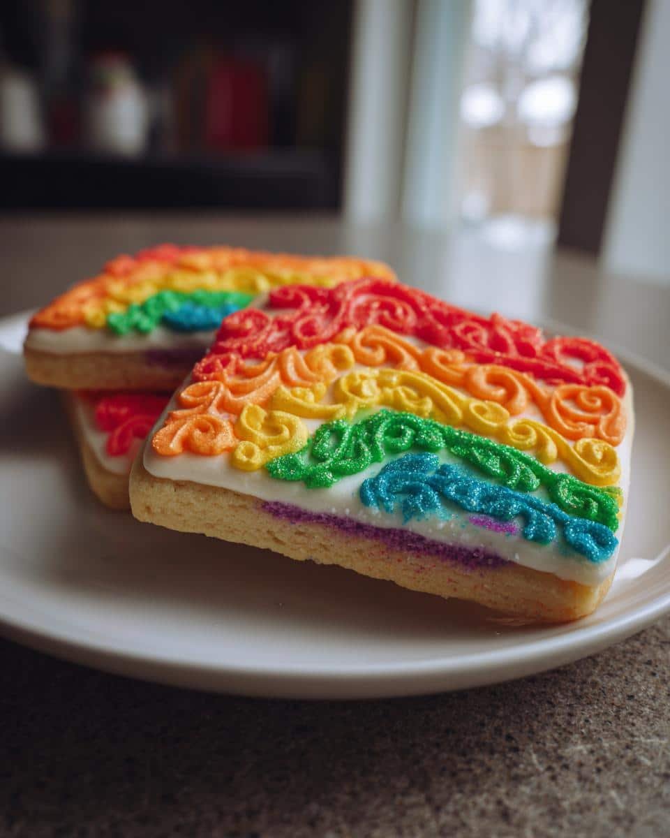 Bake Amazing Blueberry Protein Breakfast Biscuits in 20 6 Stacked blueberry protein breakfast biscuits decorated with rainbow icing on a white plate.