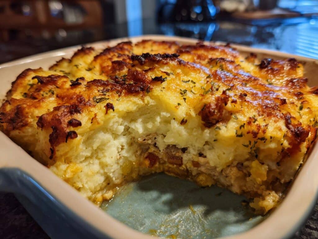 Baked casserole dish, not a high protein blueberry cheesecake smoothie. The dish has a scoop taken out.
