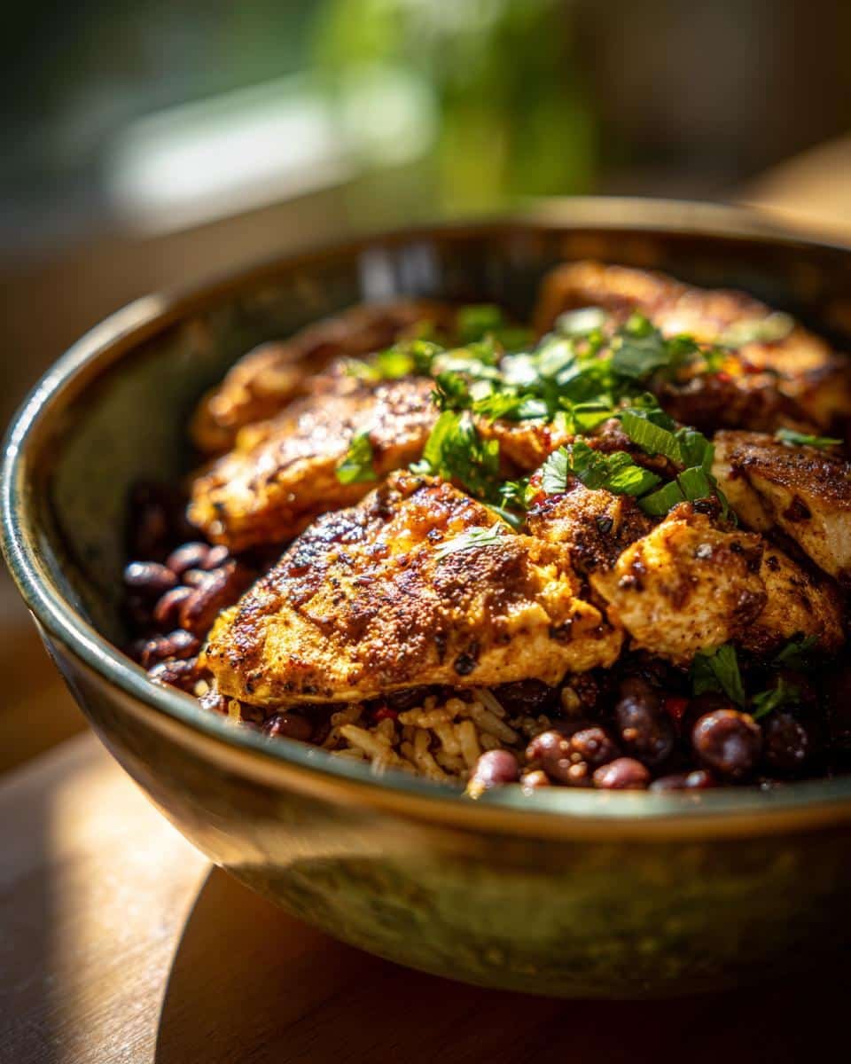 7 Amazing Blueberry Oatmeal Cottage Cheese Protein Pancakes 8 Close-up of a bowl filled with seasoned chicken, beans, and rice, garnished with fresh herbs. Not blueberry oatmeal cottage cheese protein pancakes.