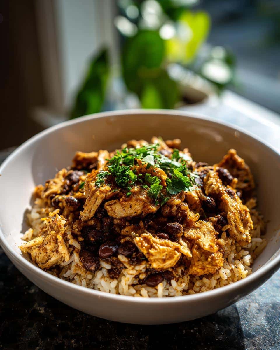 7 Amazing Blueberry Oatmeal Cottage Cheese Protein Pancakes 9 A bowl of rice topped with seasoned chicken and black beans, garnished with fresh parsley.