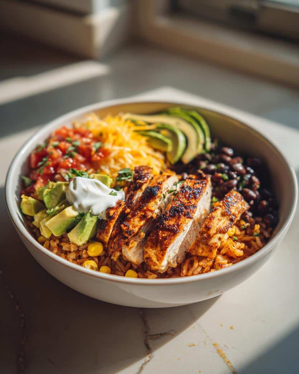 Best Blueberry Protein Pancakes Recipe Ever: 20-Minute Meal 7 A vibrant chicken bowl featuring rice, black beans, avocado, salsa, cheese, and sour cream.