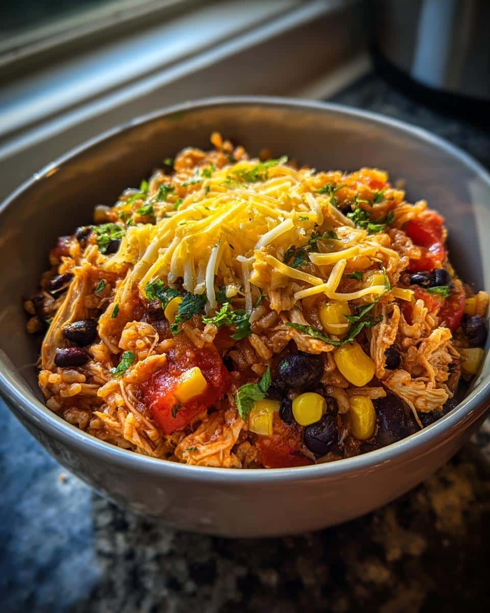 7 Amazing Blueberry Protein Ninja Creami Recipes 9 A bowl of chicken with rice, black beans, corn, tomatoes, and cheese, garnished with parsley.